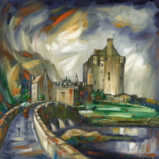 An expressionist painting of a castle overlooking a path and a field with vivid, swirling colors and brushstrokes. By Raymond Murray